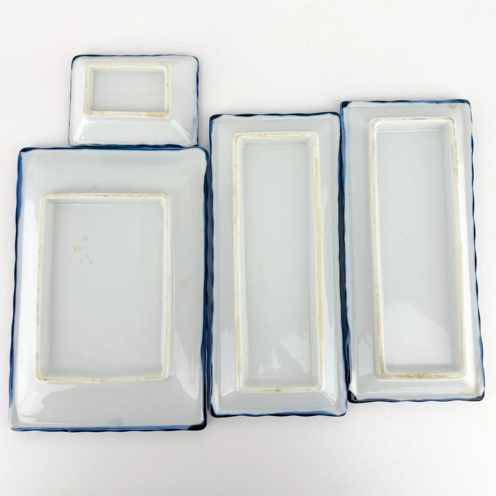 Vintage Japanese Porcelain Sushi Serving Plate Set Blue White Floral Geometric